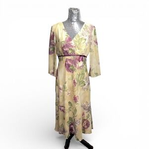 Vintage 90s Cottagecore Chiffon Babydoll Midi Dress 12 Sheer Sleeve Floral Party